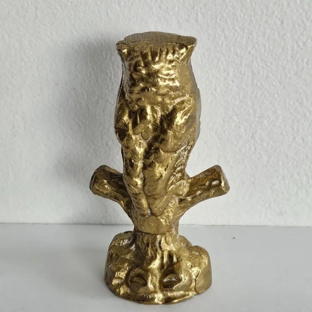 Brass Owl on Perch glass eyes figurine